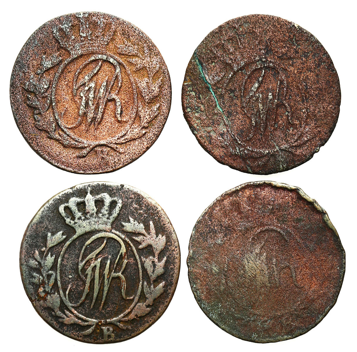Zabór pruski, Prusy Południowe. Fryderyk Wilhelm II. 1/2 grosza 1797 B, Wrocław, zestaw 4 monet